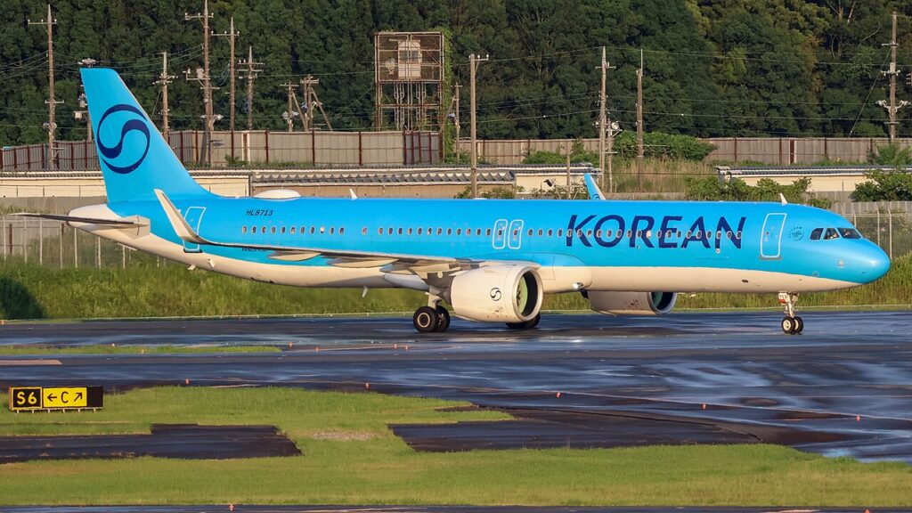 지상에 있는 대한항공 에어버스 A321neo 여객기, 동체 뒤쪽에 등록번호 HL8713이 보인다.