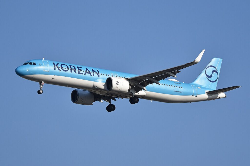착륙장치를 내린 채 비행 중인 하늘색 대한항공 에어버스 A321neo